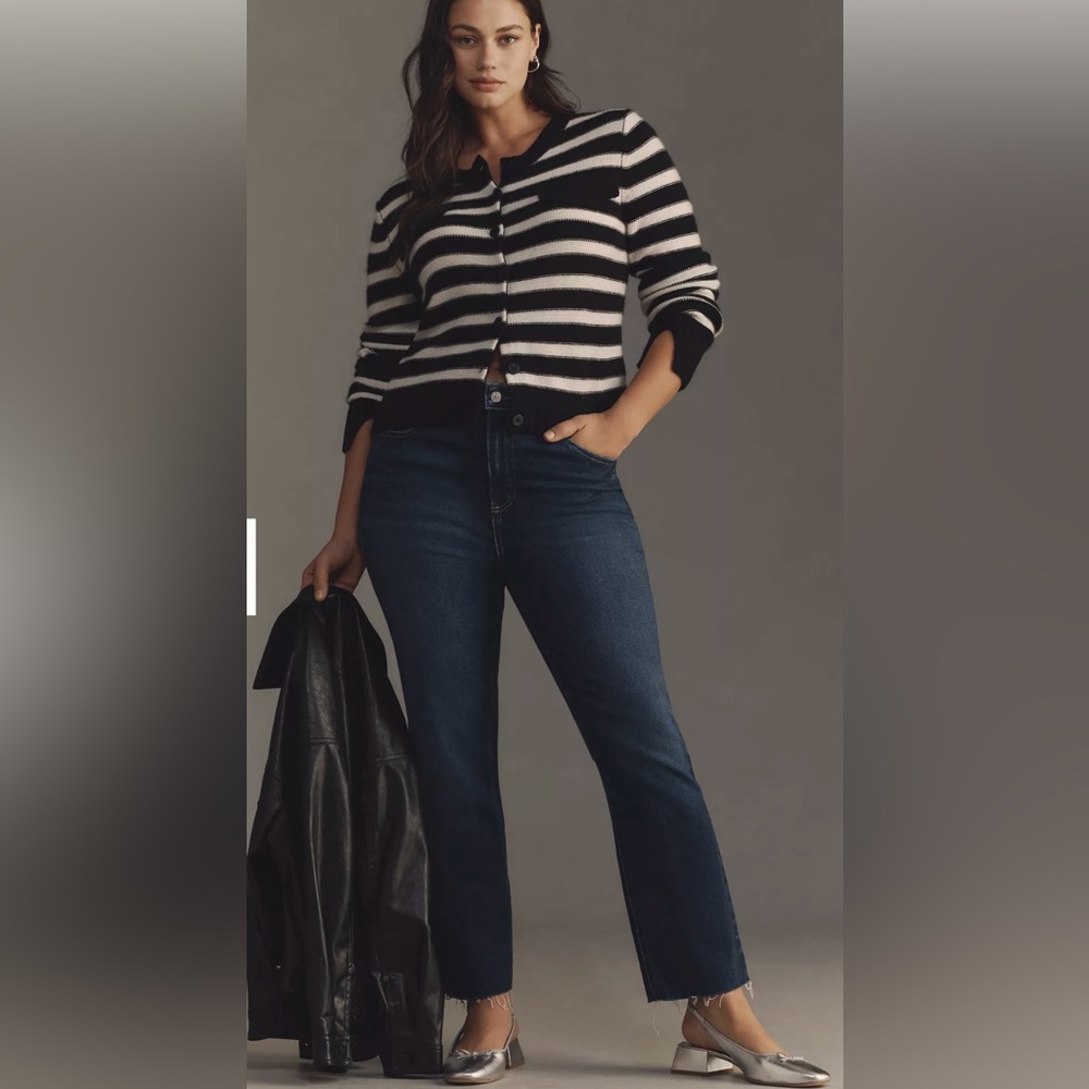 PAIGE Cindy Dark Blue Straight Leg Jeans with frayed bottom.